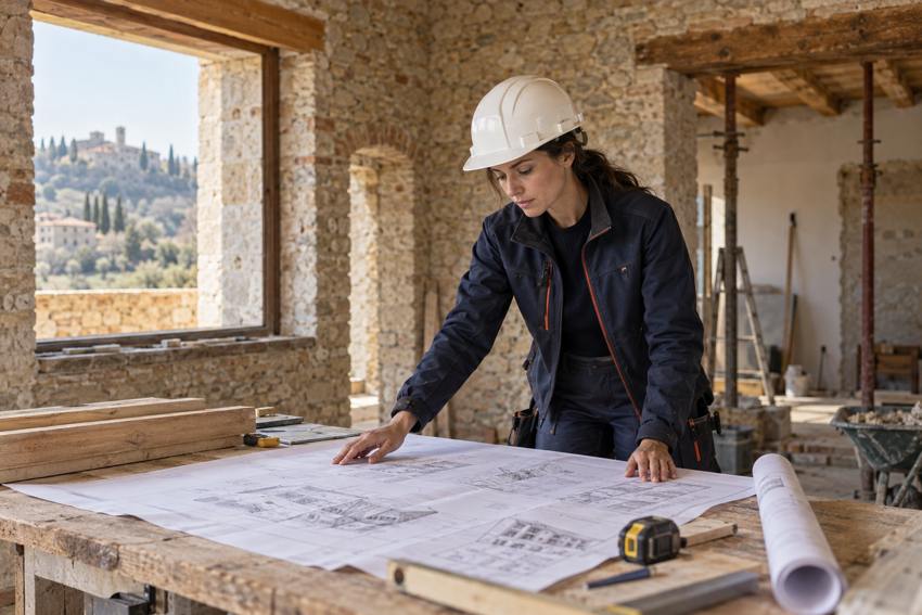 Architetta che esamina gli elaborati di progetto in cantiere