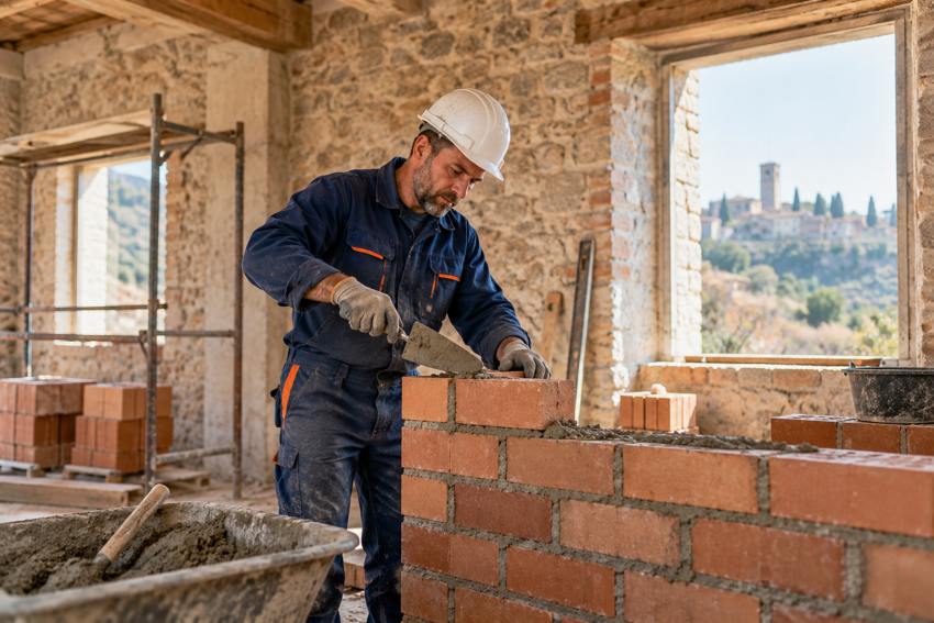 Muratore che realizza una parete in laterizio