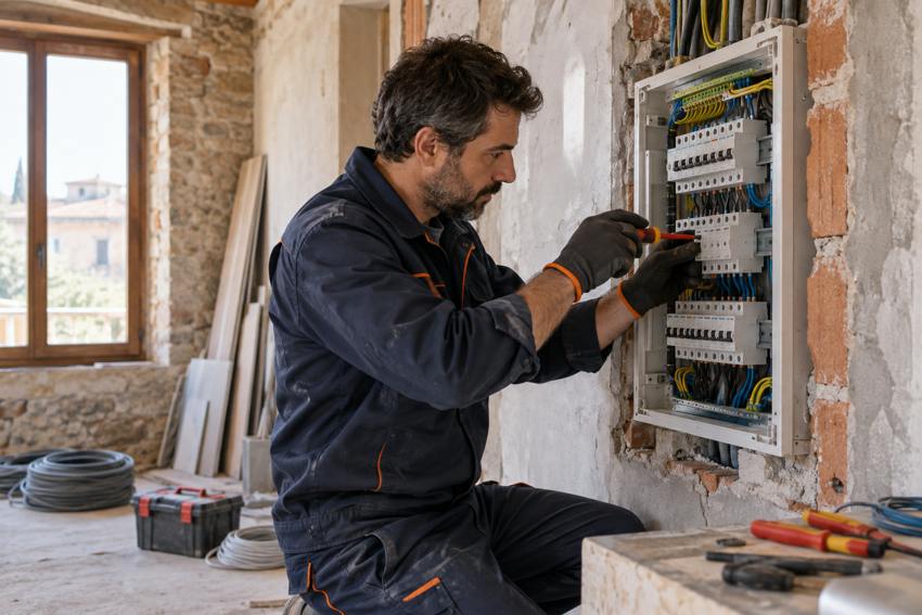 Elettricista che lavora al quadro elettrico