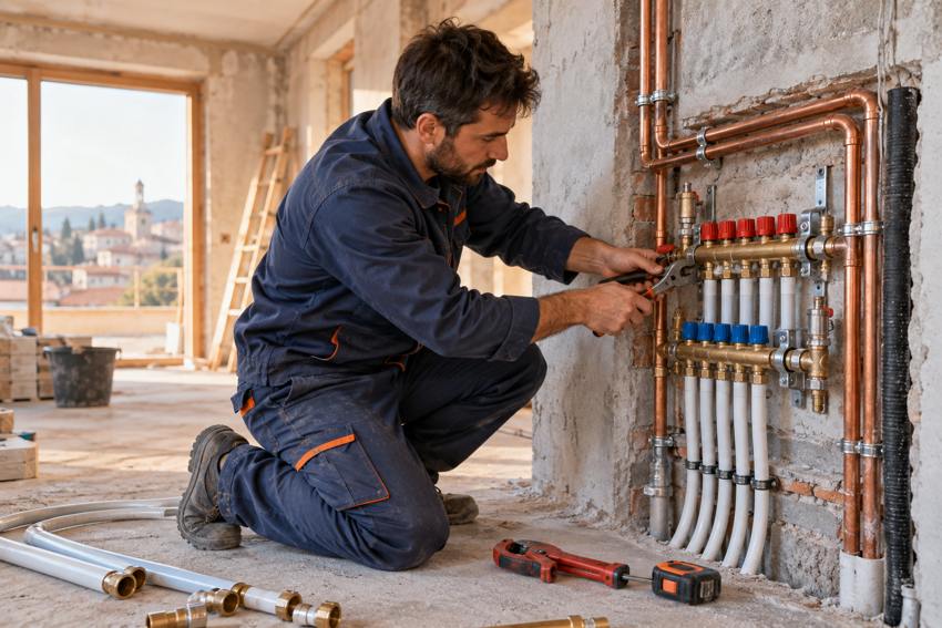 Idraulico che installa le tubazioni dell’impianto idrico